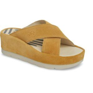 Fly London Begs Platform Slide Sandal Honey Suede Comfy 7.5